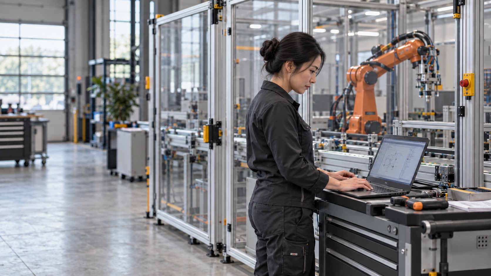 Illustratief AI-beeld van een engineer bij een robotcel