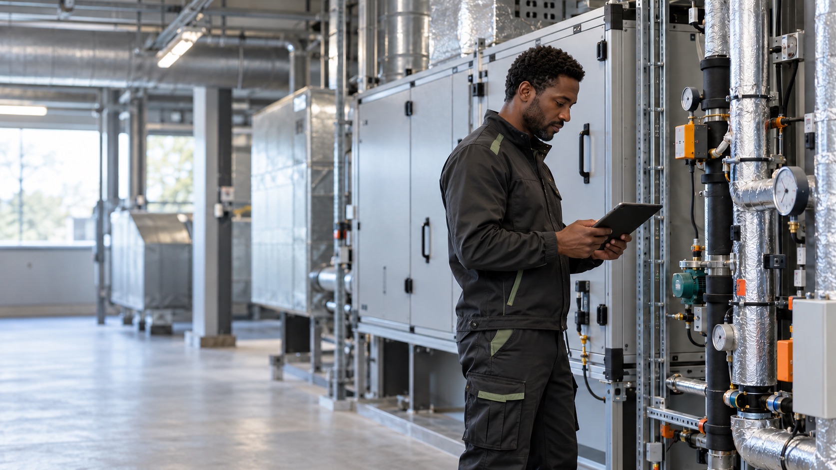 Illustratief AI-beeld van een servicemonteur in een technische ruimte