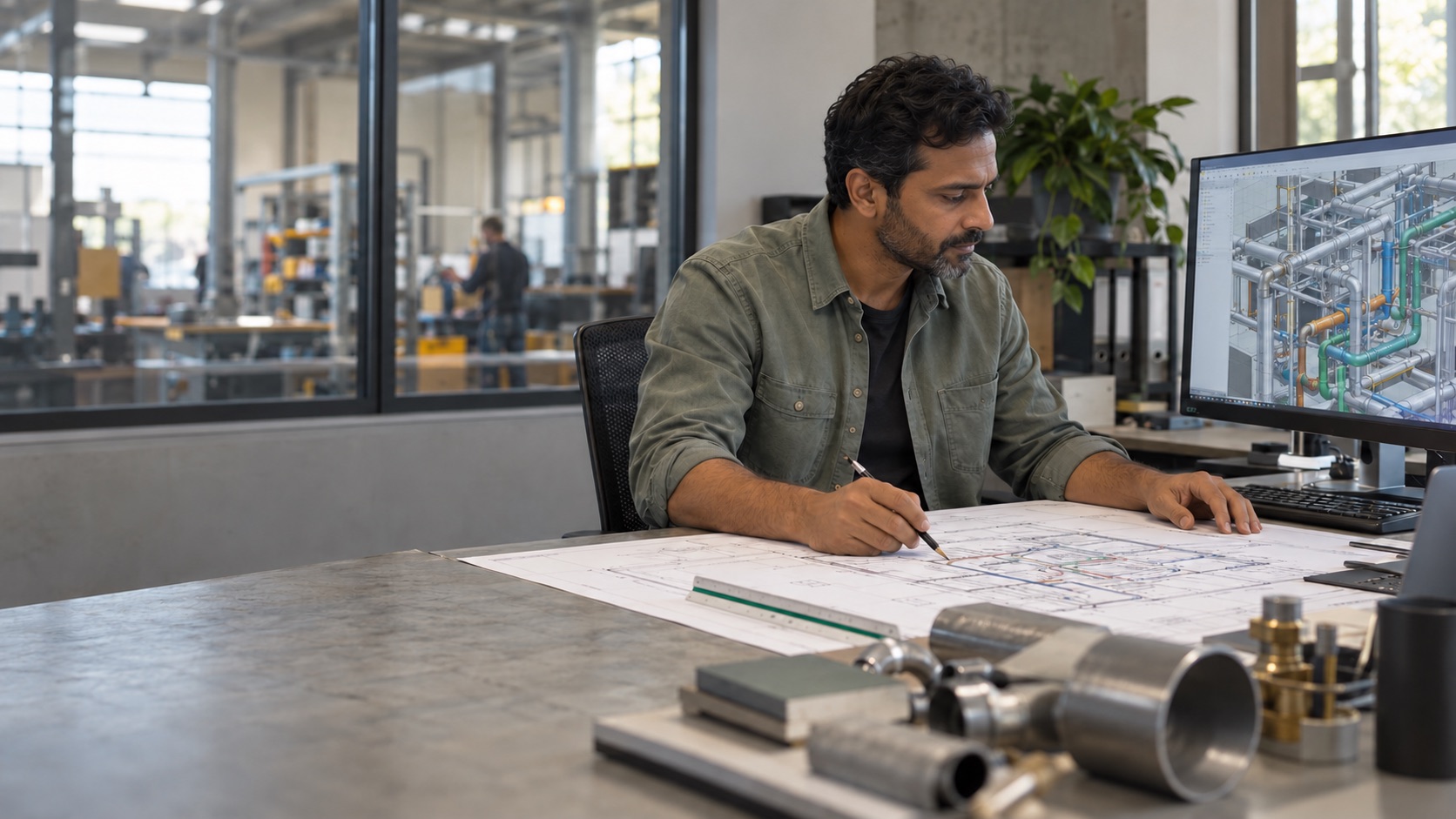Illustratief AI-beeld van een engineer met tekeningen en een BIM-model